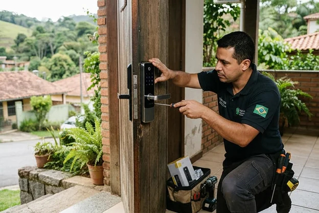 Fechadura digital instalada em uma porta em Itapecerica da Serra.